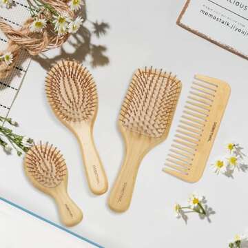 Natural Bamboo Hair Brush Set for All Hair Types, Eco-Friendly