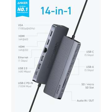 Anker 14 in 1 USB C Docking Station,USB C Hub Triple Display, With 4K HDMI, 1080p VGA, 100W Power De...