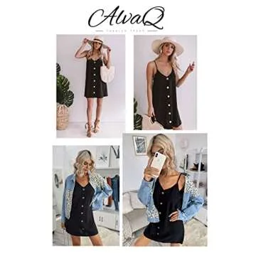 AlvaQ Womens Dresses for Summer 2024 Casual V Neck Button Down Sleeveless Short Mini Dress Spaghetti Strap A Line Swing Sundress Black Large