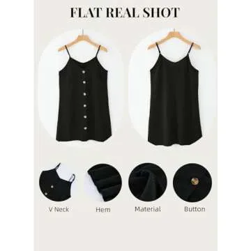 AlvaQ Womens Dresses for Summer 2024 Casual V Neck Button Down Sleeveless Short Mini Dress Spaghetti Strap A Line Swing Sundress Black Large