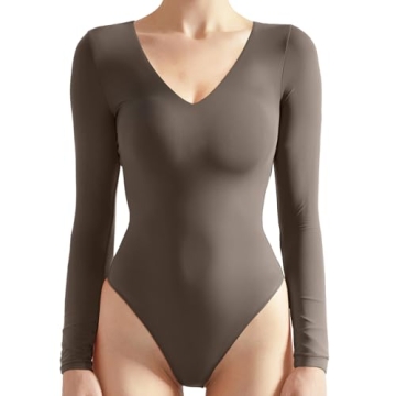 SUUKSESS Women Long Sleeve Bodysuit Sexy V Neck Thong Body Suit Shirts Top for Fall (Brown, L)