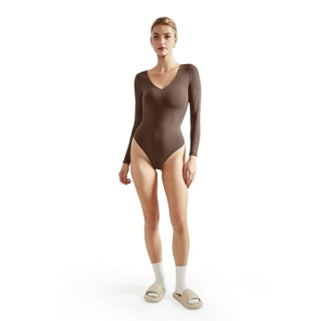 SUUKSESS Sexy V Neck Long Sleeve Bodysuit for Women