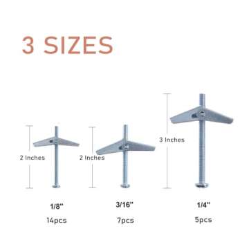 binifiMux 26 Pieces Toggle Bolt and Wing Nut Assortment Kit for Drywall Hanging Heavy Items 1/8" 3/16" 1/4"