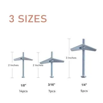 binifiMux 26 Pieces Toggle Bolt and Wing Nut Assortment Kit for Drywall Hanging Heavy Items 1/8" 3/16" 1/4"