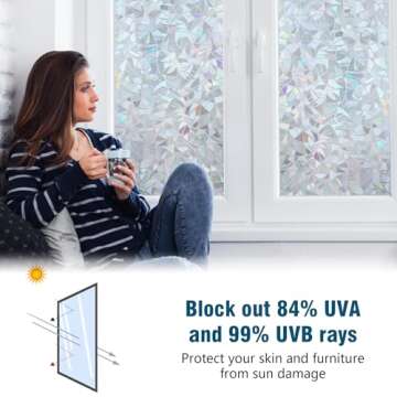 rabbitgoo Window Privacy Film Rainbow Film Decorative Window Sticker, 3D Static Stained Glass Cling Tint for Home Heat Control Non-Adhesive, Grayish Silver, 17.5 x 157.4 inches