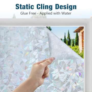 rabbitgoo Window Privacy Film Rainbow Film Decorative Window Sticker, 3D Static Stained Glass Cling Tint for Home Heat Control Non-Adhesive, Grayish Silver, 17.5 x 157.4 inches