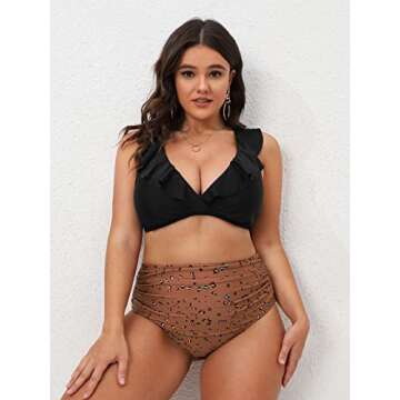 CUPSHE Women Swimsuit Plus Size Bikini Set High Waisted Ruffled Front Self Tie Back Ruched Bathing Suit, 2X Black