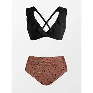 CUPSHE Women Swimsuit Plus Size Bikini Set High Waisted Ruffled Front Self Tie Back Ruched Bathing Suit, 2X Black