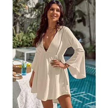 Blooming Jelly Womens Swimsuit Coverup V Neck Chiffon Bathing Suit Beach Dress Flowy Swim Bikini Cover Up Apricot