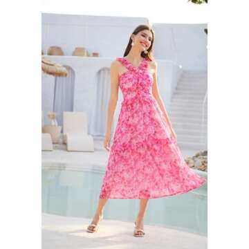 GRACE KARIN Women’s Summer Boho Pink Floral Dress Tiered A Line Swing Flowy Midi Dress Smocked Ruf...