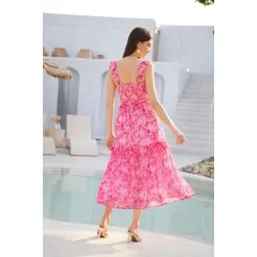 GRACE KARIN Women’s Summer Boho Pink Floral Dress Tiered A Line Swing Flowy Midi Dress Smocked Ruffle Chiffon Vacation Beach Dress