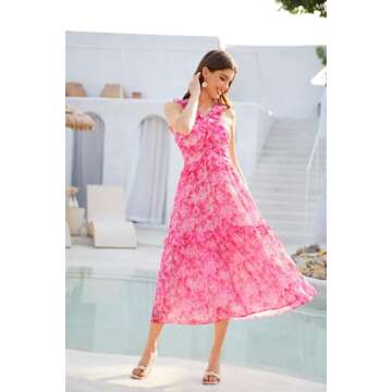 GRACE KARIN Women’s Summer Boho Pink Floral Dress Tiered A Line Swing Flowy Midi Dress Smocked Ruffle Chiffon Vacation Beach Dress