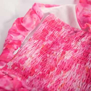 GRACE KARIN Women’s Summer Boho Pink Floral Dress Tiered A Line Swing Flowy Midi Dress Smocked Ruffle Chiffon Vacation Beach Dress