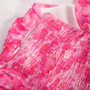 GRACE KARIN Women’s Summer Boho Pink Floral Dress Tiered A Line Swing Flowy Midi Dress Smocked Ruffle Chiffon Vacation Beach Dress