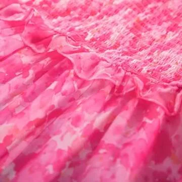 GRACE KARIN Women’s Summer Boho Pink Floral Dress Tiered A Line Swing Flowy Midi Dress Smocked Ruffle Chiffon Vacation Beach Dress