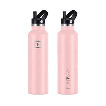 IRON °FLASK Camping & Hiking Hydration Canteens - 3 Lids (Narrow Straw Lid) Leak Proof Vacuum Insulated Stainless Steel - Hot & Cold Double Walled Sports Water Bottle - Rose, 24 Oz