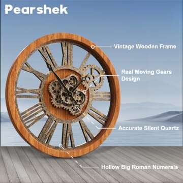 The Real Moving Gears Clock Large Wall Clock Oversized Farmhouse Wood Clock Living Room Decor Vintage Industrial Decorative Wall Clock for Home Kitchen Office (Vintage Brown, 18Inch(46cm))