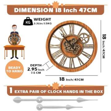 The Real Moving Gears Clock Large Wall Clock Oversized Farmhouse Wood Clock Living Room Decor Vintage Industrial Decorative Wall Clock for Home Kitchen Office (Vintage Brown, 18Inch(46cm))