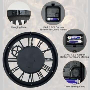 The Real Moving Gears Clock Large Wall Clock Oversized Farmhouse Wood Clock Living Room Decor Vintage Industrial Decorative Wall Clock for Home Kitchen Office (Vintage Brown, 18Inch(46cm))