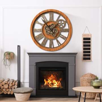 The Real Moving Gears Clock Large Wall Clock Oversized Farmhouse Wood Clock Living Room Decor Vintage Industrial Decorative Wall Clock for Home Kitchen Office (Vintage Brown, 18Inch(46cm))