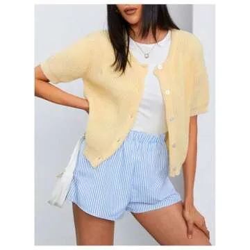 MakeMeChic Women's Short Sleeve Button Down Cardigan Sweaters Round Neck Knitted Tops Outerwear Yellow Medium
