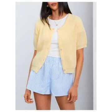 MakeMeChic Women's Short Sleeve Button Down Cardigan Sweaters Round Neck Knitted Tops Outerwear Yellow Medium
