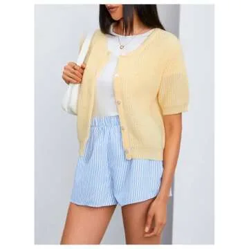 MakeMeChic Women's Short Sleeve Button Down Cardigan Sweaters Round Neck Knitted Tops Outerwear Yellow Medium