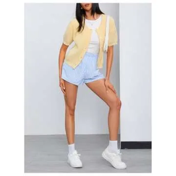 MakeMeChic Women's Short Sleeve Button Down Cardigan Sweaters Round Neck Knitted Tops Outerwear Yellow Medium