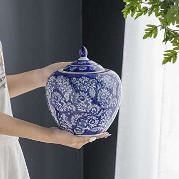 A&B Home 10'' Decorative Antique Porcelain Jar with Lid Flower Pot Planter Blue and White Vase Flora...