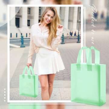 Qilery 100 Pack Frosted Plastic Gift Bags with Handles Small 8"x4"x10" Plastic Shopping Bags for Small Business Boutique Merchandise Bags Bulk for Retail Customers(Green)