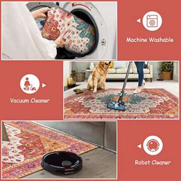 Moynesa Ultra-Thin Washable Vintage Area Rug - 5x7 Large Bedroom Boho Non-Slip Non-Shedding Living Room Mat Oriental Medallion Floor Carpet for Kids Nursery Room Office, Pink/Teal/Multi