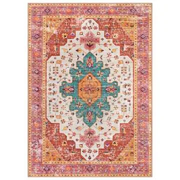 Moynesa Ultra-Thin Washable Vintage Area Rug - 5x7 Large Bedroom Boho Non-Slip Non-Shedding Living Room Mat Oriental Medallion Floor Carpet for Kids Nursery Room Office, Pink/Teal/Multi