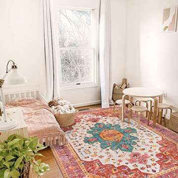Moynesa Ultra-Thin Washable Vintage Area Rug - 5x7 Large Bedroom Boho Non-Slip Non-Shedding Living Room Mat Oriental Medallion Floor Carpet for Kids Nursery Room Office, Pink/Teal/Multi