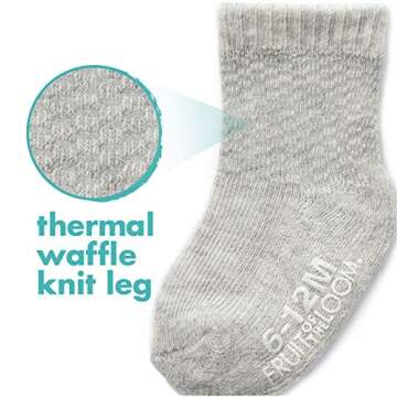 Fruit of the Loom Baby 6-Pack All Weather Crew-Length Socks, Mesh & Thermal Stretch - Unisex, Girls, Boys (0-6 Months, Grey)