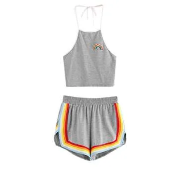 SweatyRocks Women's Halter Crop Top and Shorts Set Grey