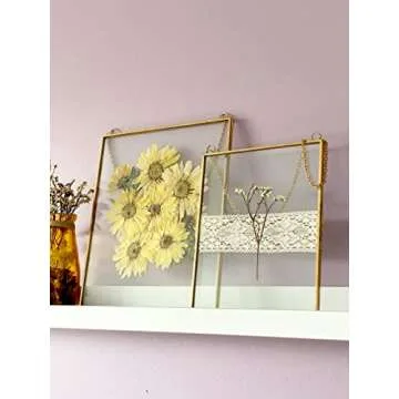 Beedecor Double Glass Frame for Pressed Flowers, Leaf and Artwork - Set of 2 Hanging Picture Frames, Tempered Glass Floating Pressed Flower Frames, Large Rectangular Wall Decor Photo Display, Clear Metal Glass Frames with Chain (8x10, Gold)