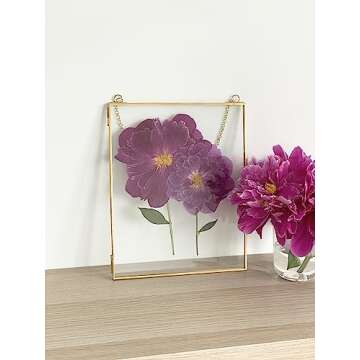 Beedecor Double Glass Frame for Pressed Flowers, Leaf and Artwork - Set of 2 Hanging Picture Frames, Tempered Glass Floating Pressed Flower Frames, Large Rectangular Wall Decor Photo Display, Clear Metal Glass Frames with Chain (8x10, Gold)