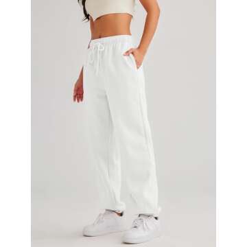 AUTOMET Womens Sweatpants Fleece Lined Fall Outfits Baggy High Waisted Straight Leg Sweat Pants 2024 Drawstring Winter Burnt Casual Athletic Lounge Joggers White M