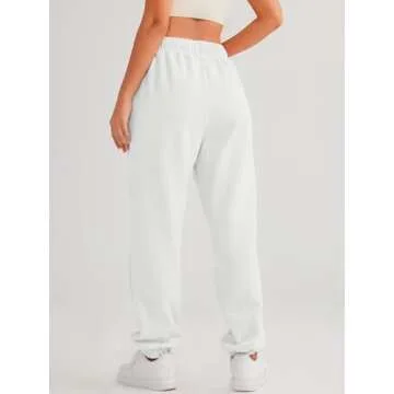 AUTOMET Womens Sweatpants Fleece Lined Fall Outfits Baggy High Waisted Straight Leg Sweat Pants 2024 Drawstring Winter Burnt Casual Athletic Lounge Joggers White M