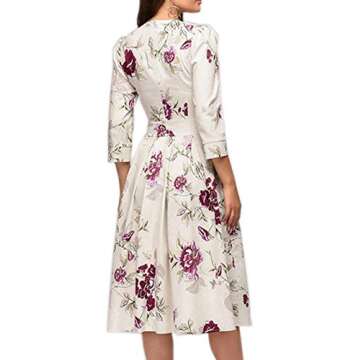 Simple Flavor Women's Floral Vintage Dress Elegant Autumn Midi Evening Dress 3/4 Sleeves (Beige, M)