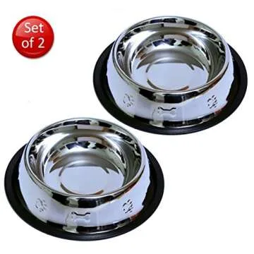 Set of 2 Etched Food Grade Stainless Steel Dog Bowls - 32oz Dry Weight - Dishwasher Safe - Rust Resistant - Non-Skid No-Tip Natural Rubber Base - Odor Free Alternative to Plastic