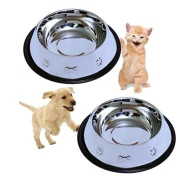 Set of 2 Etched Food Grade Stainless Steel Dog Bowls - 32oz Dry Weight - Dishwasher Safe - Rust Resistant - Non-Skid No-Tip Natural Rubber Base - Odor Free Alternative to Plastic