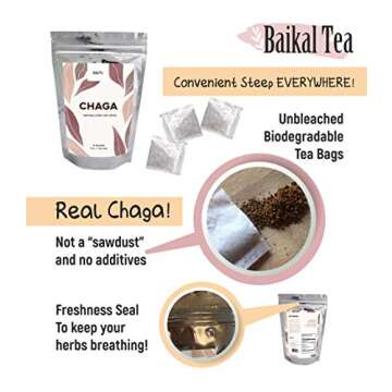 Chaga Tea - 100% Wild Siberian Birch Chaga Mushroom - Organic - 30 Unbleached Tea Bags - Pure No Add...