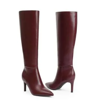 Easyfox Burgundy Boots Knee High Boots for Women Pointed Toe Long Boots 3 In Stiletto High Heeled Tall Boots for Women Side Zipper Size 7.5