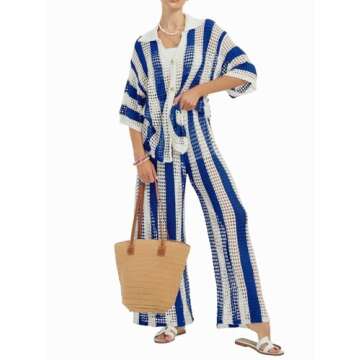 NIFTRIRY Women Cover Up Sets Button Up Tops with Pants Crochet Set Outfit 2 Piece Outfits Vacation Outfits