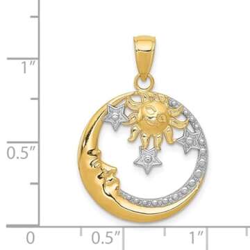 IceCarats 14K Solid Yellow Gold Crescent Moon Stars Sun Necklace Sunshine Pendant Sunburst Charm Celestial Jewelry 28mm x 20mm Only