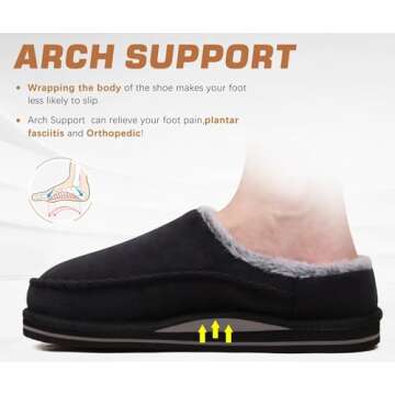KuaiLu Mens Slippers with Orthopedic Arch Support Suede Faux Fur Fluff Plush Wool-like Warm House Shoes Comfortable Slip-on Bedroom Indoor Outdoor Clogs Slippers for Man, Size Black 10