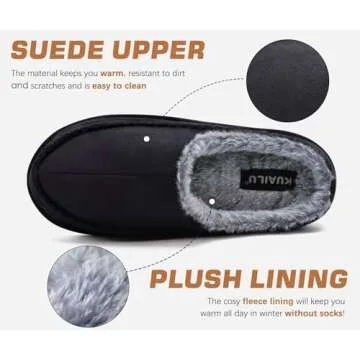 KuaiLu Mens Slippers with Orthopedic Arch Support Suede Faux Fur Fluff Plush Wool-like Warm House Shoes Comfortable Slip-on Bedroom Indoor Outdoor Clogs Slippers for Man, Size Black 10