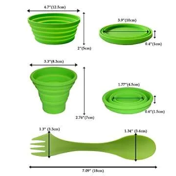 Ecoart Silicone Collapsible Bowl Cup Set with Spork for Outdoor Camping Hiking Travel, Green - Set o...