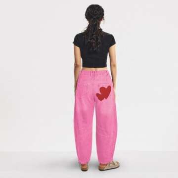 Heart Printed Barrel Jeans for Women - Vintage Style